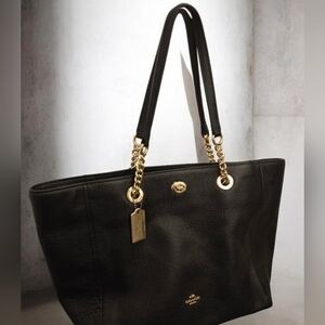 Coach Black Pebbled Leather Turnlock Chain Tote